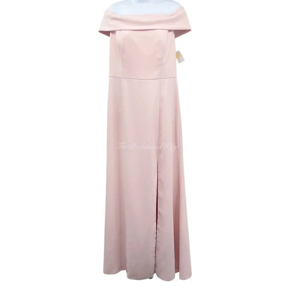 NEW Dessy Collection 3030 Blush Pink Crepe Slit Maxi Dress Gown Off the Shoulder - Picture 2 of 11
